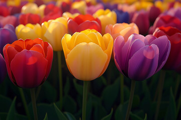 Obraz premium Photo réaliste professionnelle d’un champ vibrant de tulipes multicolores