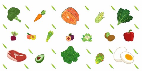 Healthy Food Set Icon Vector for Blog, Site and Restaurant. Healthy Banner Template with Salmon, Fruits, Vegetable, Egg, and Meat