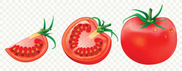 Realistic vector tomato set isolated on transparent background. Whole, sliced quarter, and halved tomatoes for design template and clipart.
