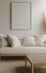 Modern Minimalist Living Room Interior with a Blank Frame on the Wall, Stylish Furniture, and Neutral Decor Emphasizing Elegance and Simplicity