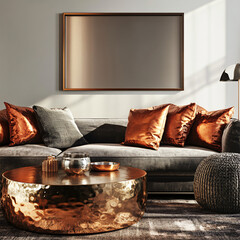 Modern Minimalist Living Room Interior with a Blank Frame on the Wall, Stylish Furniture, and Neutral Decor Emphasizing Elegance and Simplicity