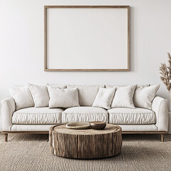 Modern Minimalist Living Room Interior with a Blank Frame on the Wall, Stylish Furniture, and Neutral Decor Emphasizing Elegance and Simplicity