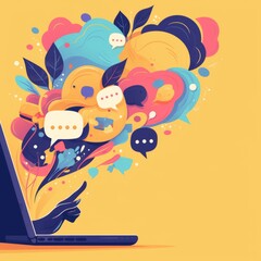 Naklejka premium Hand Typing on a Laptop, Engaged in a Digital Conversation with Colorful Speech Bubbles Floating Above the Keyboard