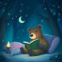 Bear in a relaxed mood reading a bedtime story under a starry night sky, cozy scene, copy space