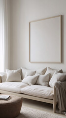 Modern Minimalist Living Room Interior with a Blank Frame on the Wall, Stylish Furniture, and Neutral Decor Emphasizing Elegance and Simplicity
