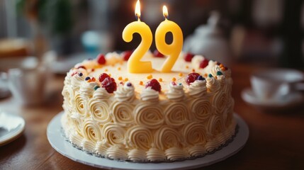 Delightful celebration cake adorned with bright candles marking a special 29th birthday in an inviting indoor setting. Generative AI