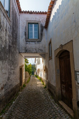 Obraz premium A narrow cobblestone street winds through a historic European village, passing under an archway between white buildings