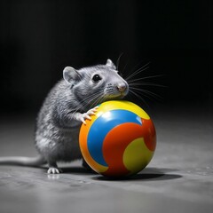 Playful rat interacting with a colorful ball in a dimly lit setting, showcasing curiosity and fun