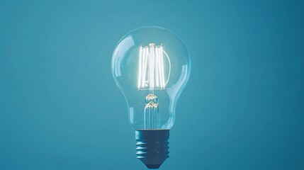 Glowing lightbulb on blue background.