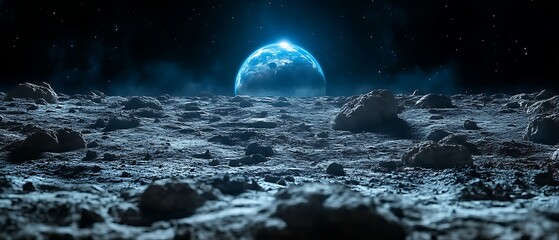 Fototapeta premium Earthrise over a rocky, cratered lunar surface.