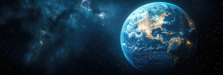 Obraz premium Earth at night from space, showing city lights and continents.