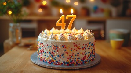 Celebrate a special milestone with a vibrant cake topped with colorful sprinkles and glowing candles marking 47 years. Generative AI