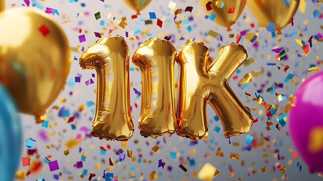 Celebratory scene featuring golden balloons spelling '11K' amidst colorful confetti and balloons.