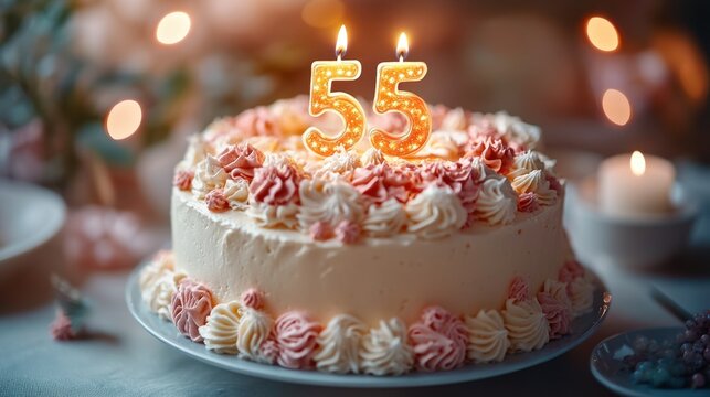 Beautiful celebration cake adorned with vibrant decorations and candles for a memorable milestone event. Generative AI