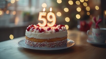 Celebration gathering featuring a beautifully decorated cake with candles marking a special 59th birthday amidst festive lights. Generative AI