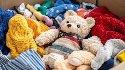 A cozy assortment of colorful clothes with a soft teddy bear in the center, evoking warmth and nostalgia.
