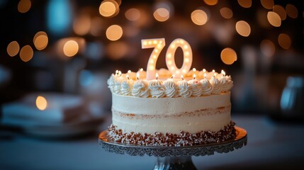 Celebrate a milestone with a beautifully decorated 70th birthday cake surrounded by warm lights and joyful atmosphere. Generative AI