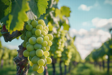 Green Grapes growing on a Grapevine with green leaves on a Grape farm on a sunny clear blue sky day.