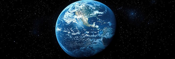 Fototapeta premium Earth from space, showing continents, oceans, and clouds against a backdrop of stars.