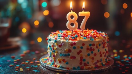 Celebration of life with a colorful cake featuring candles marking 87 years of cherished memories and joyful moments. Generative AI