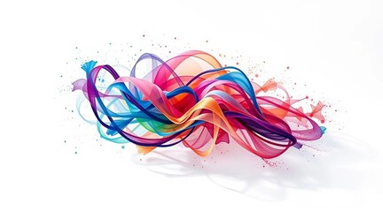 Colorful ribbons float in the air against a white background
