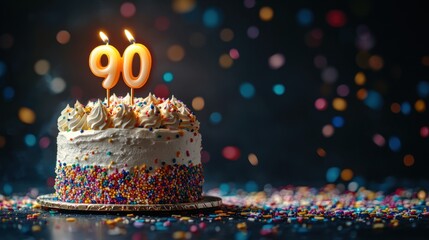 Celebration of a milestone with a colorful cake adorned with candles marking 90 years of joy and memories in a festive atmosphere. Generative AI