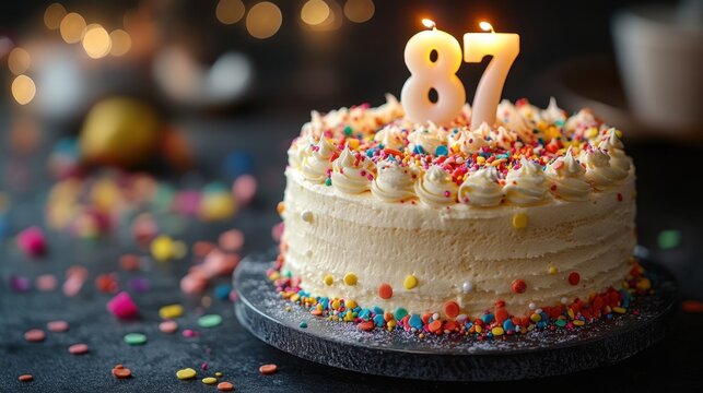 Celebrate a joyous 87th birthday with a colorful cake adorned with candles and festive sprinkles at a cozy gathering. Generative AI
