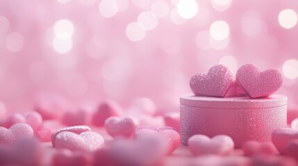 Pink Gift Box with Ribbon and Heart Decorations on Romantic Bokeh Background