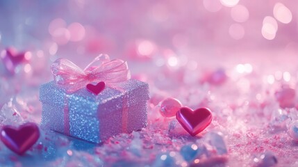Fototapeta premium Pink Gift Box with Ribbon and Heart Decorations on Romantic Bokeh Background