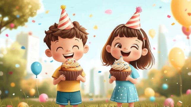 Joyful celebration of friendship as children enjoy cupcakes during a vibrant outdoor birthday party in a sunny park. Generative AI