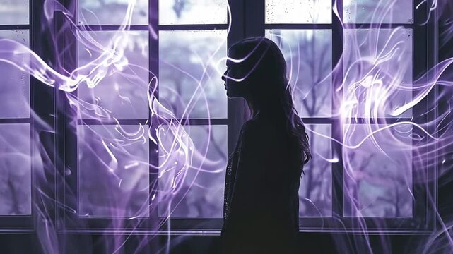 A mysterious woman faces a window, enveloped by swirling, shadowy energy streams.