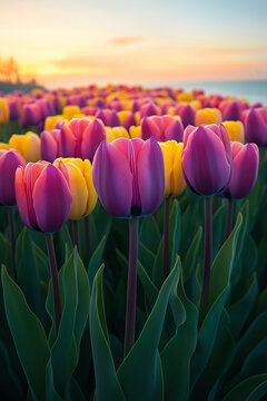 Photo r&eacute;aliste professionnelle d&rsquo;un champ de tulipes color&eacute;es s&rsquo;&eacute;tendant &agrave; travers le paysage