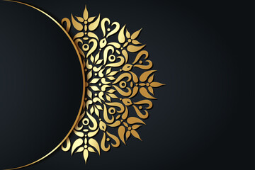 Luxury Banner Mandala with beautiful vintage Indian circular pattern. Round gold floral decoration, copy space for text vector illustration isolated on black background