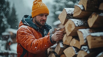 Snowy winter day brings warmth as the man organizes freshly chopped firewood near a cabin in the serene mountains. Generative AI