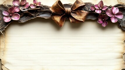 Vintage paper background with decorative floral and bow border. Ideal for invitations, cards, or scrapbooking projects with a touch of antique charm.