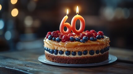 Delightful celebration with a beautifully decorated cake marked with 60 candles and fresh berries amid a cozy ambiance. Generative AI
