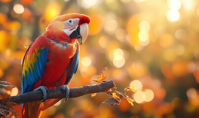 Scarlet macaw perched on branch, sunset bokeh background.