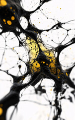 Abstract Composition with Black and Orange Splashes Resembling a Network or Neural Pathways on a Minimalist White Background