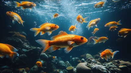 Naklejka premium A vibrant underwater scene featuring orange goldfish swimming among rocks and corals.