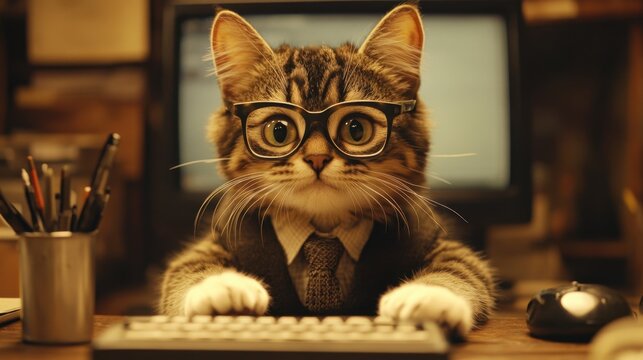 Curious kitten dressed in a suit working diligently at a vintage computer late in the evening. Generative AI