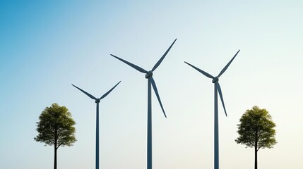 Fototapeta premium Artistic representation of wind turbines as tree silhouettes, merging nature and tech