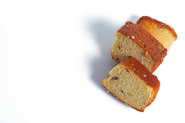 Delicious homemade cake slices on a clean white background