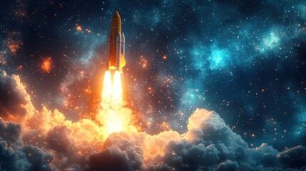 A rocket launches into space, surrounded by vibrant clouds and stars.