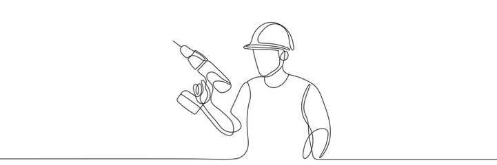 Obraz premium Worker holding a drill. Editable one continuous line