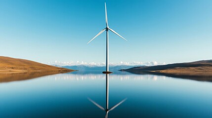 Isolated wind turbine in a serene lake reflection, minimalist composition
