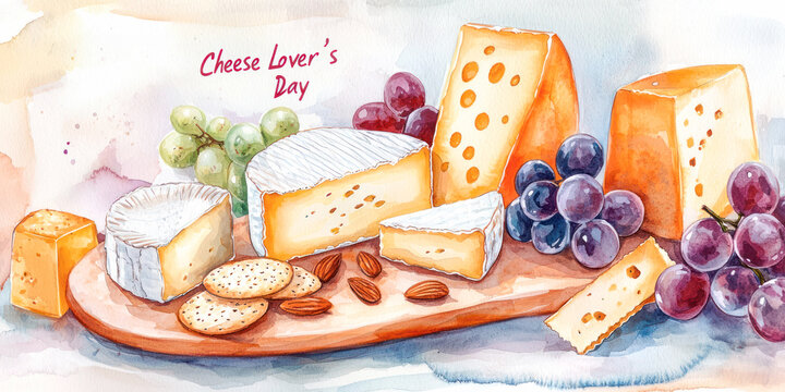 National Cheese Lover's Day watercolor illustration featuring a wooden platter with assorted cheeses, grapes, crackers, and almonds on a soft background.
