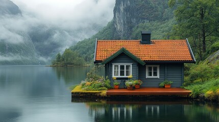 Naklejka premium Secluded lake house nestled amidst misty mountains and lush greenery.
