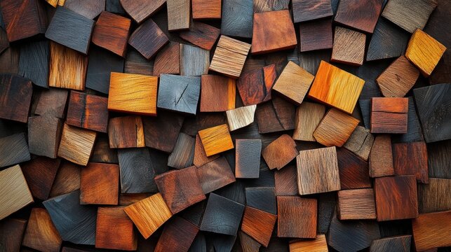 Beautiful mosaic of wooden blocks showcasing various colors and textures created by skilled artisans in a workshop. Generative AI