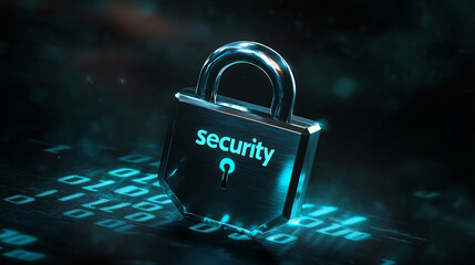 Concept of cyber security represented with a padlock on which the word “Security” can be read. 