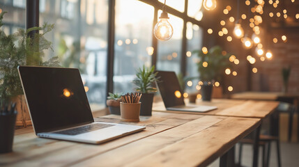 A cozy coworking space with warm lighting, natural elements, and open workstations, fostering creativity and collaboration for professionals.